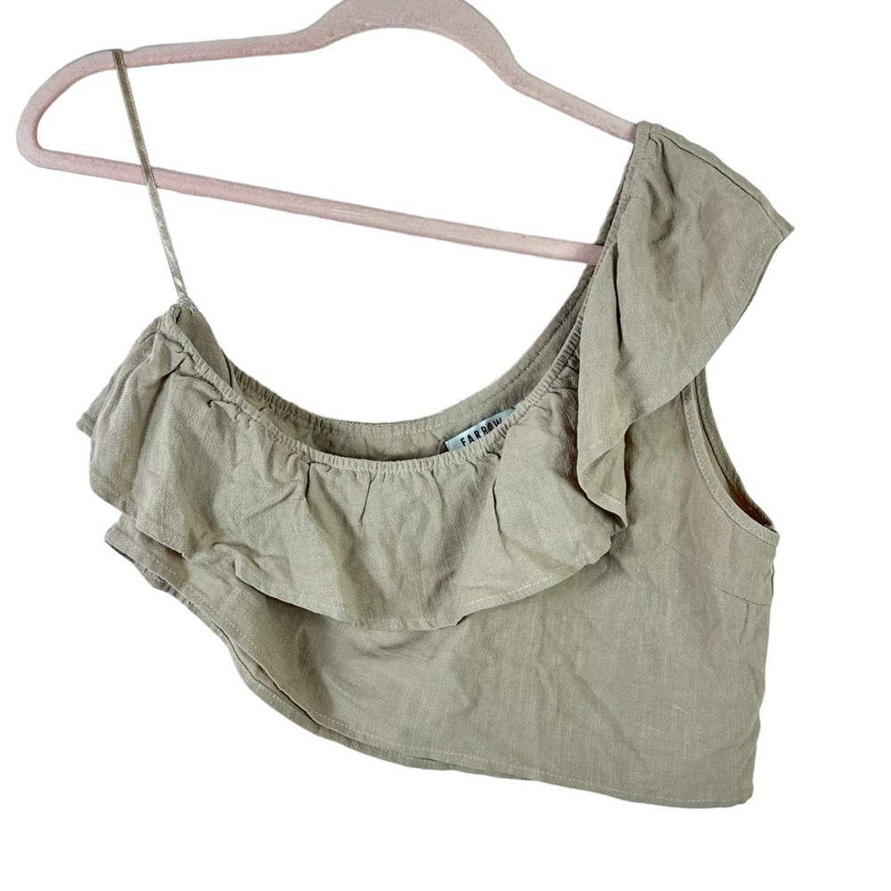 FARROW womens size M tan ruffled flounce one strap linen crop top